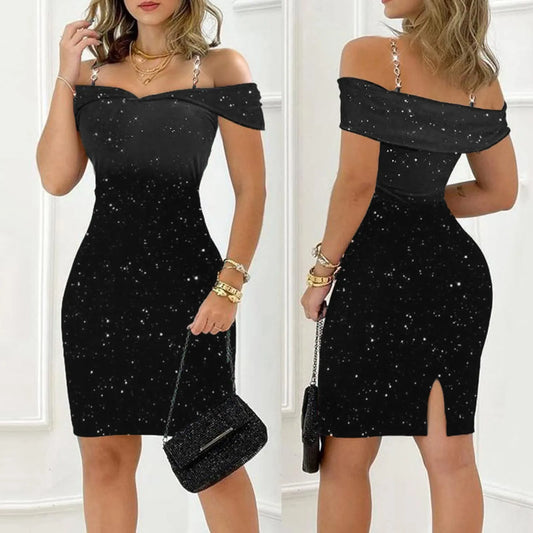 Women Off Shoulder Sexy Party Dress – V-Neck Slim Fit, Shiny, Floral Embellished, and Elegant - Premium dresses from Lizard Vigilante - Just $57.99! Shop now at Lizard Vigilante