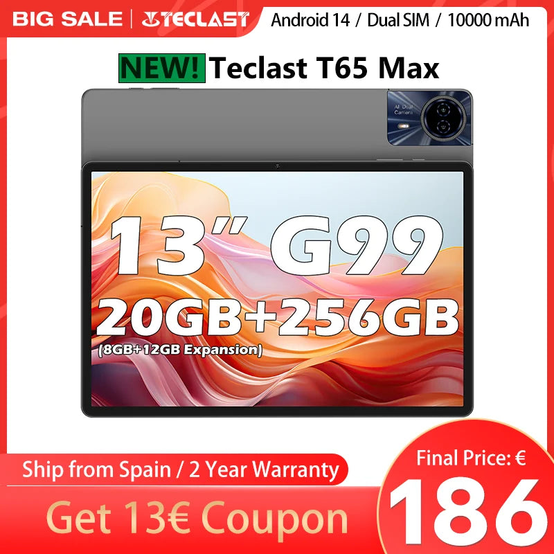 Teclast T65 Max 13 Inch Tablet Android 14 Mediatek Helio G99 (8Gb+12Gb Expansion) 20Gb Ram 256Gb Rom 10000Mah Battery Dual Sim 4g Lte 1920X1200 Gps Widevine L1 for Netflix
