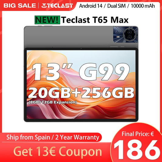 Teclast T65 Max 13 Inch Tablet Android 14 Mediatek Helio G99 (8Gb+12Gb Expansion) 20Gb Ram 256Gb Rom 10000Mah Battery Dual Sim 4g Lte 1920X1200 Gps Widevine L1 for Netflix