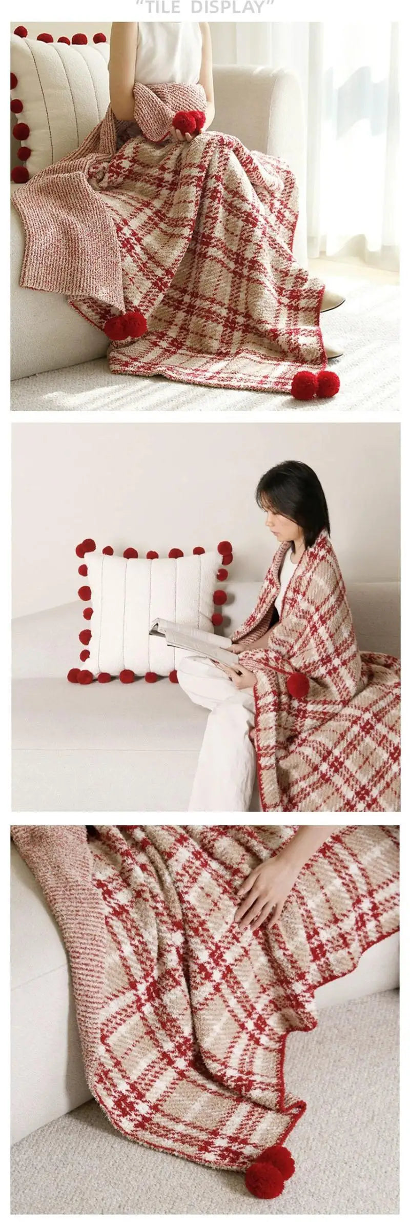 Half Flannel Plaid Blanket with Wool Balls Four Season Universal Red Soft Sofa Blanket Warm Napping Shawl for Home Travel