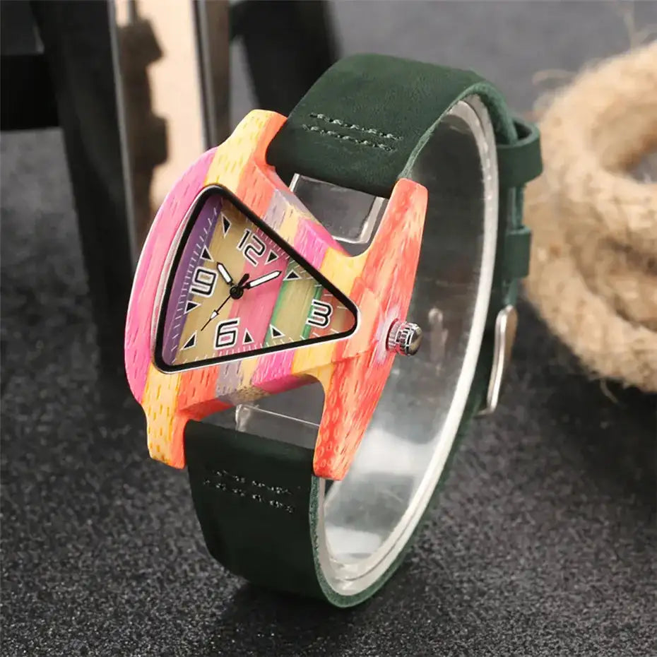 Unique Triangle Women's Wood Watch Creative Colorful Lady Green/ Red Genuine Leather Wristwatch Elegant Womens Watches Top Gifts