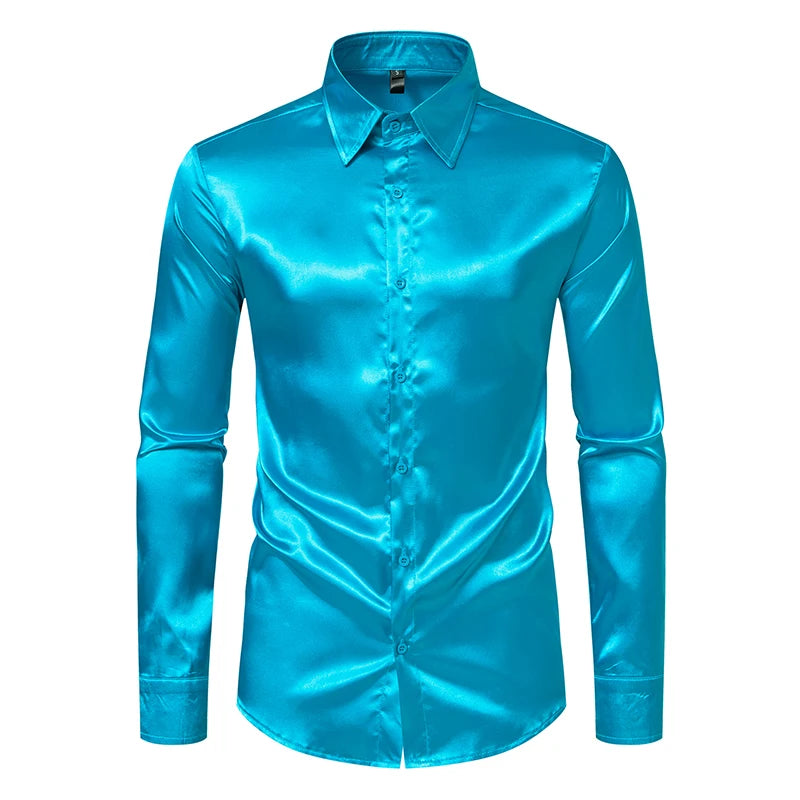 Blackout Luxe: Men’s High Gloss Satin Tuxedo Shirt – Dominate the Room, One Button at a Time - Premium shirt from dsers - Just $27.99! Shop now at Lizard Vigilante