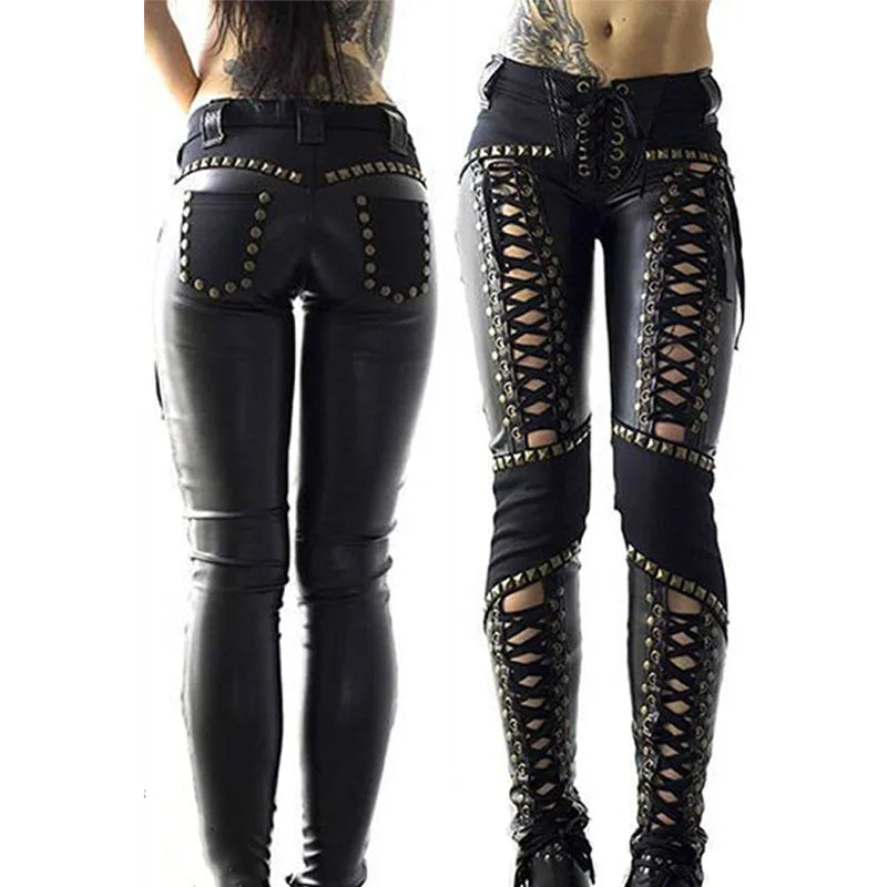 Women's Punk Rock Imitation Leather Pencil Pants New Sensual Hollow Out Bandage Bodycon Leggings Streetwear Women's Pants - Premium pants from Lizard Vigilante - Just $52.88! Shop now at Lizard Vigilante