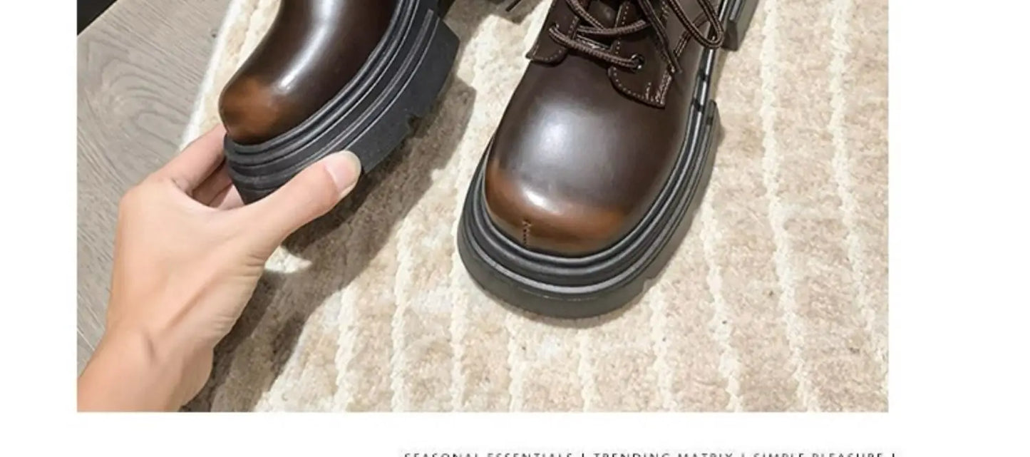 Women’s Lace-Up Ankle Boots – Med Hoof Heel Lolita Rock Round Toe PU Leather Winter Footwear | Solid Rubber Sole, Handmade Classic Street Style - Premium boot from dsers - Just $96.66! Shop now at Lizard Vigilante