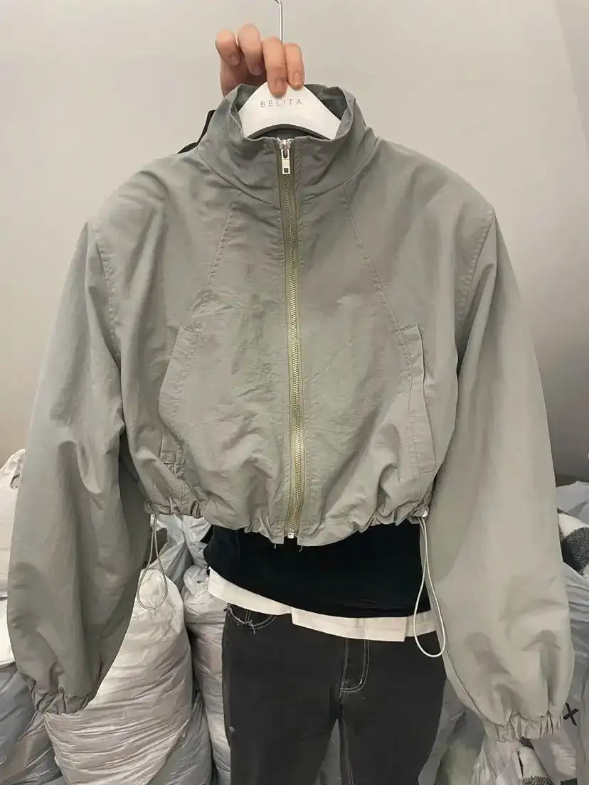 2024 Autumn Vintage Women's Windbreaker Cropped Jackets Harajuku Oversized Streetwear Long Sleeve Fashion Female Elegant Top