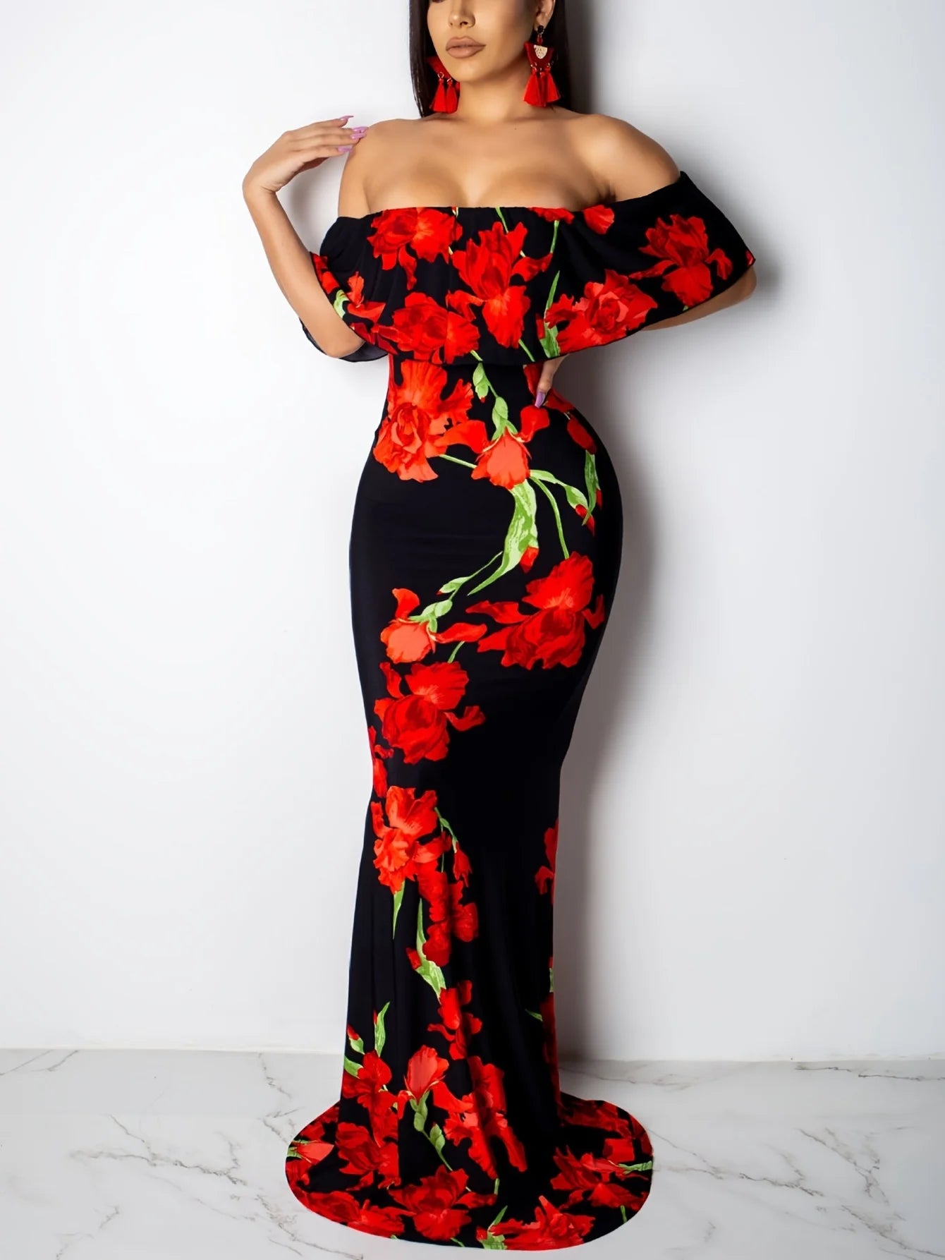 Women Rose Sunflower Floral Print Strapless Sexy Bodycon Slash Neck Off Shoulder Short Sleeve Polyester Floor Length Maxi Dress - Premium  from Lizard Vigilante - Just $51.99! Shop now at Lizard Vigilante