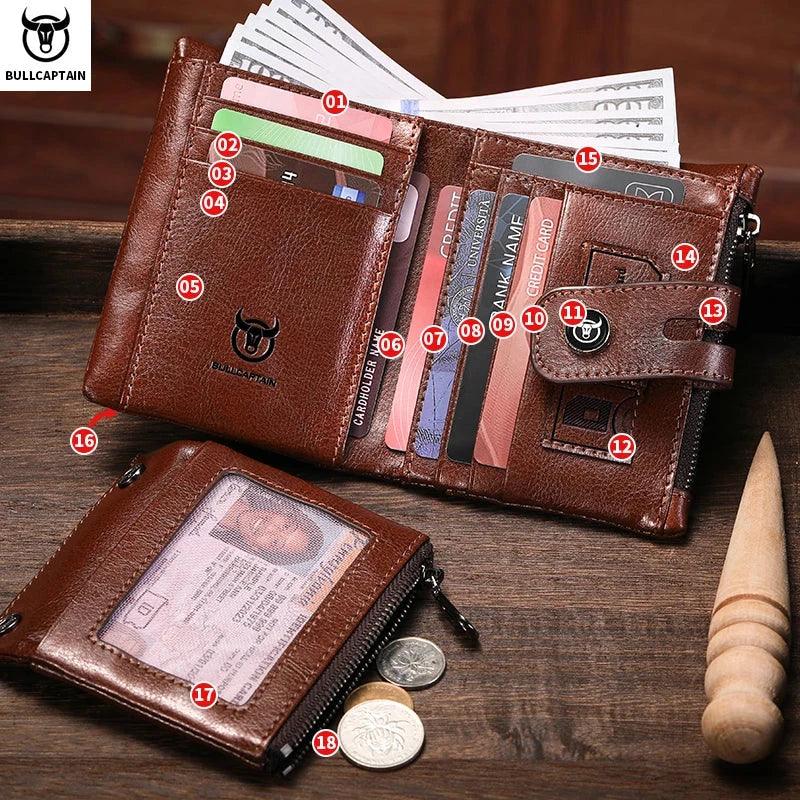 BULLCAPTAIN Men's Genuine Leather Wallet Business Retro Snap Wallit Multifunctional RFID Anti-Theft Zipper Multi-Card Coin Purse - Lizard Vigilante