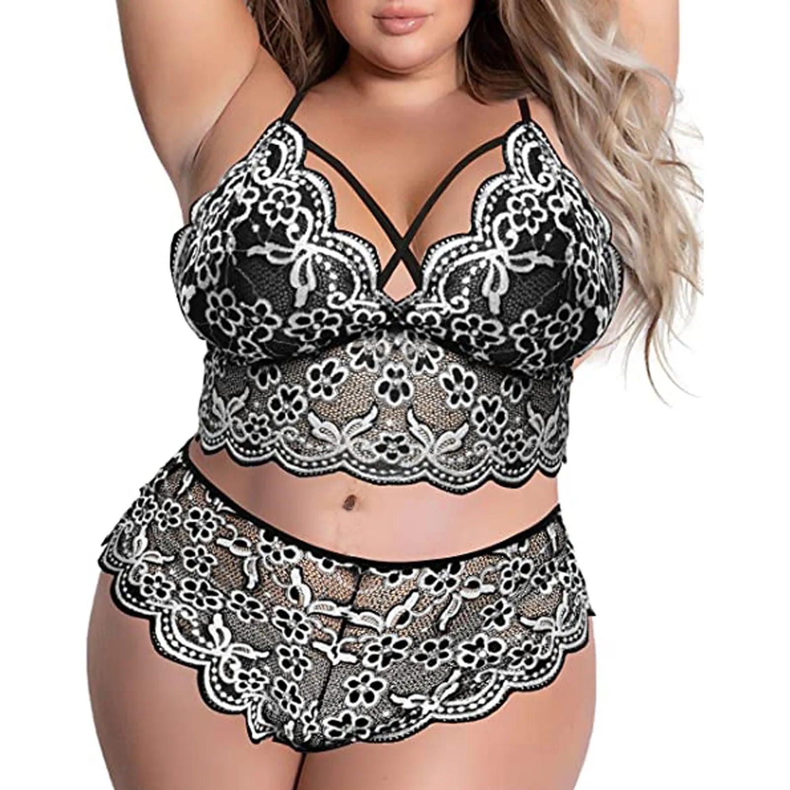 Plus Size Bra 2 Pieces Sets Lingerie Women Lace Embroidery Bra & Brief Sets Underwear Sensual Sleepwear Pajamas Exotic Set 4XL - Lizard Vigilante