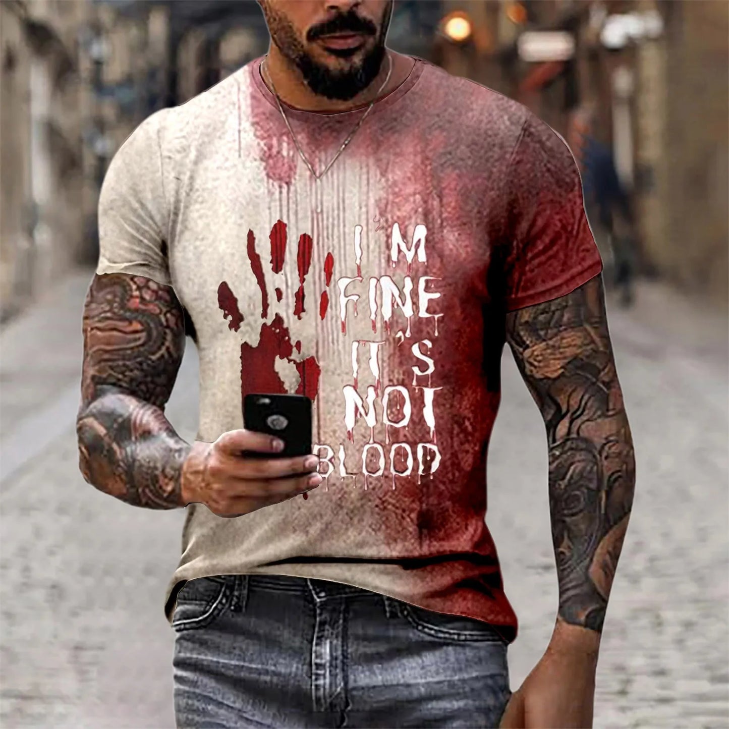 Problem Solved Bloody Fonts T-Shirt Male 2024 Halloween Print Tops Short Sleeve Round Neck Distressed T Shirt Holiday Party Top - Premium  from Lizard Vigilante - Just $11.99! Shop now at Lizard Vigilante