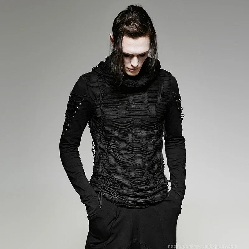 PUNK RAVE Gothic Hooded T-Shirt | Men's Long Sleeve Paisley Knit Top | Gothic Streetwear - Premium hooded tee from Lizard Vigilante - Just $41.99! Shop now at Lizard Vigilante