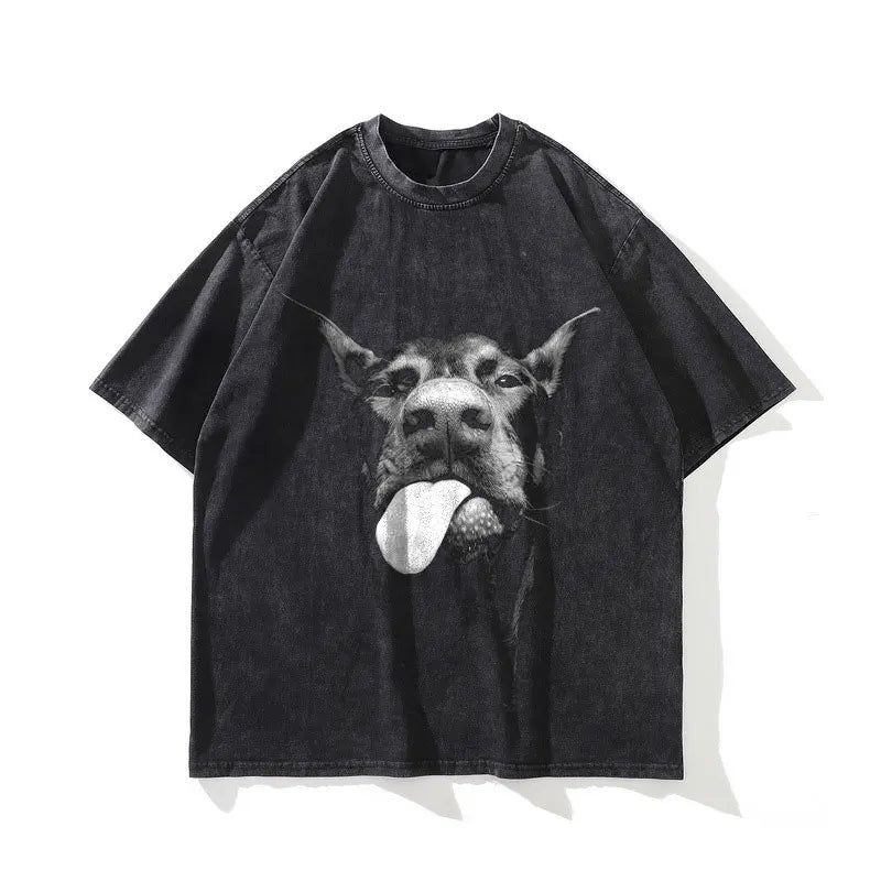 Doberman T-shirts Oversized Vintage Washed Hip Hop High Street T Shirt Retro Cute Dog DTG Printing Short Sleeve Tops Tees Cotton - Lizard Vigilante