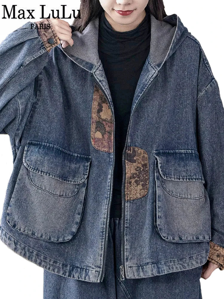 Max LuLu Korean Design Women’s Printed Vintage Denim Jacket – Punk Patchwork Coat - Premium jacket from Lizard Vigilante - Just $63.88! Shop now at Lizard Vigilante