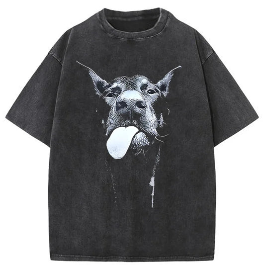 Men Gothic Letter Dog Printed T-Shirt Hip Hop Streetwear Punk Summer Vintage Washed Oversized T Shirts Tops men clothing - Lizard Vigilante
