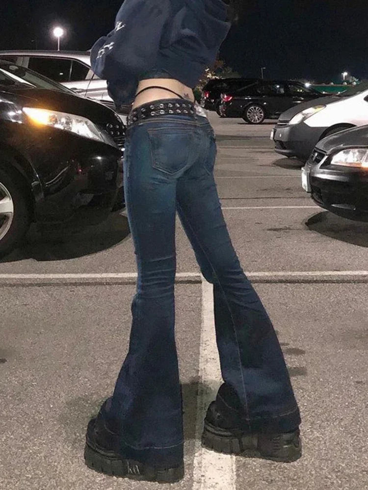 Low Rise Jeans Blue Women Pants Bootcut  Pockets Jeans Streetwear Kalevest Y2K High Street Low Waist Jeans Wide Leg Pants - Premium  from Lizard Vigilante - Just $34.99! Shop now at Lizard Vigilante