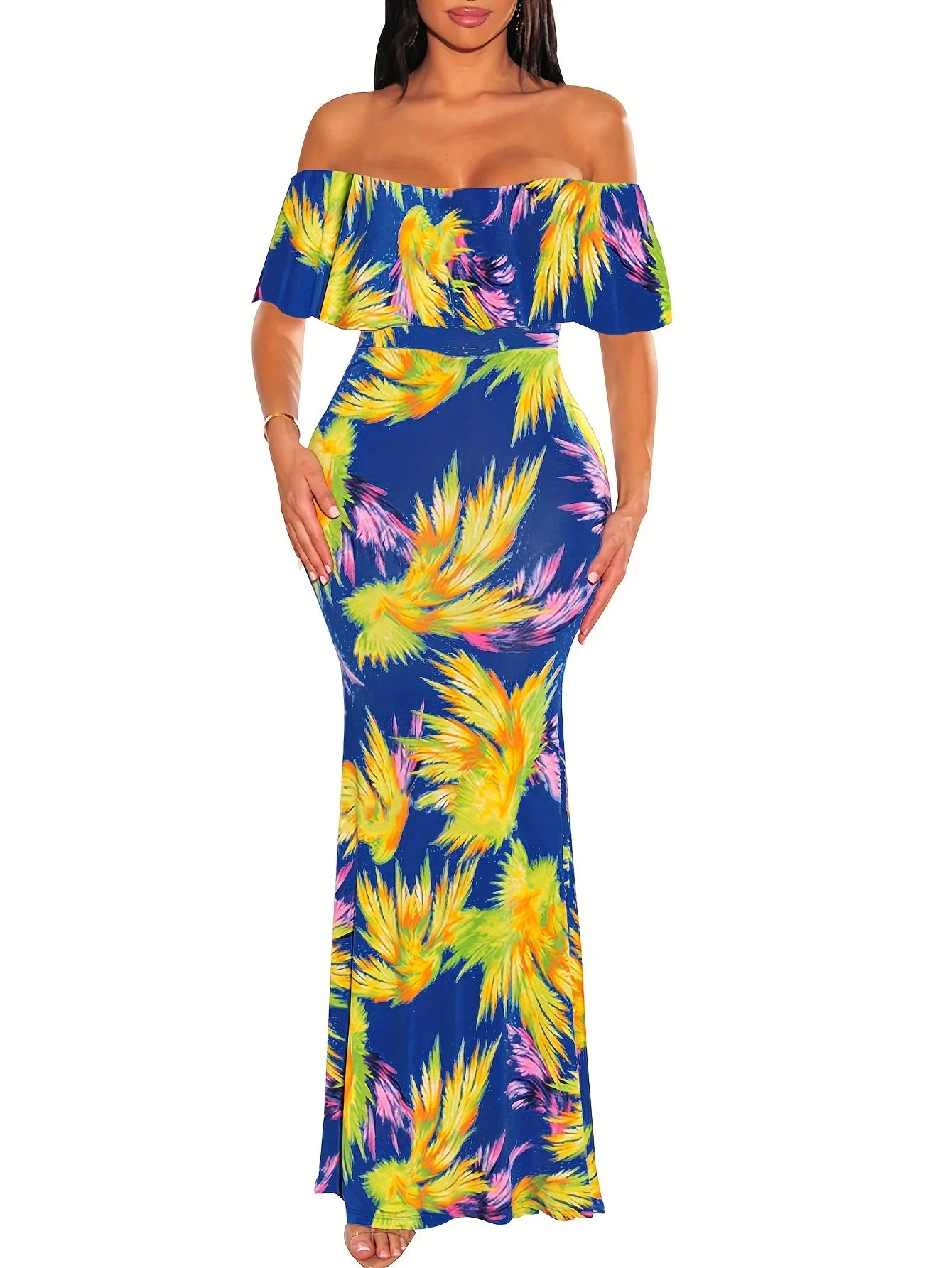 Women Rose Sunflower Floral Print Strapless Sexy Bodycon Slash Neck Off Shoulder Short Sleeve Polyester Floor Length Maxi Dress - Premium  from Lizard Vigilante - Just $51.99! Shop now at Lizard Vigilante