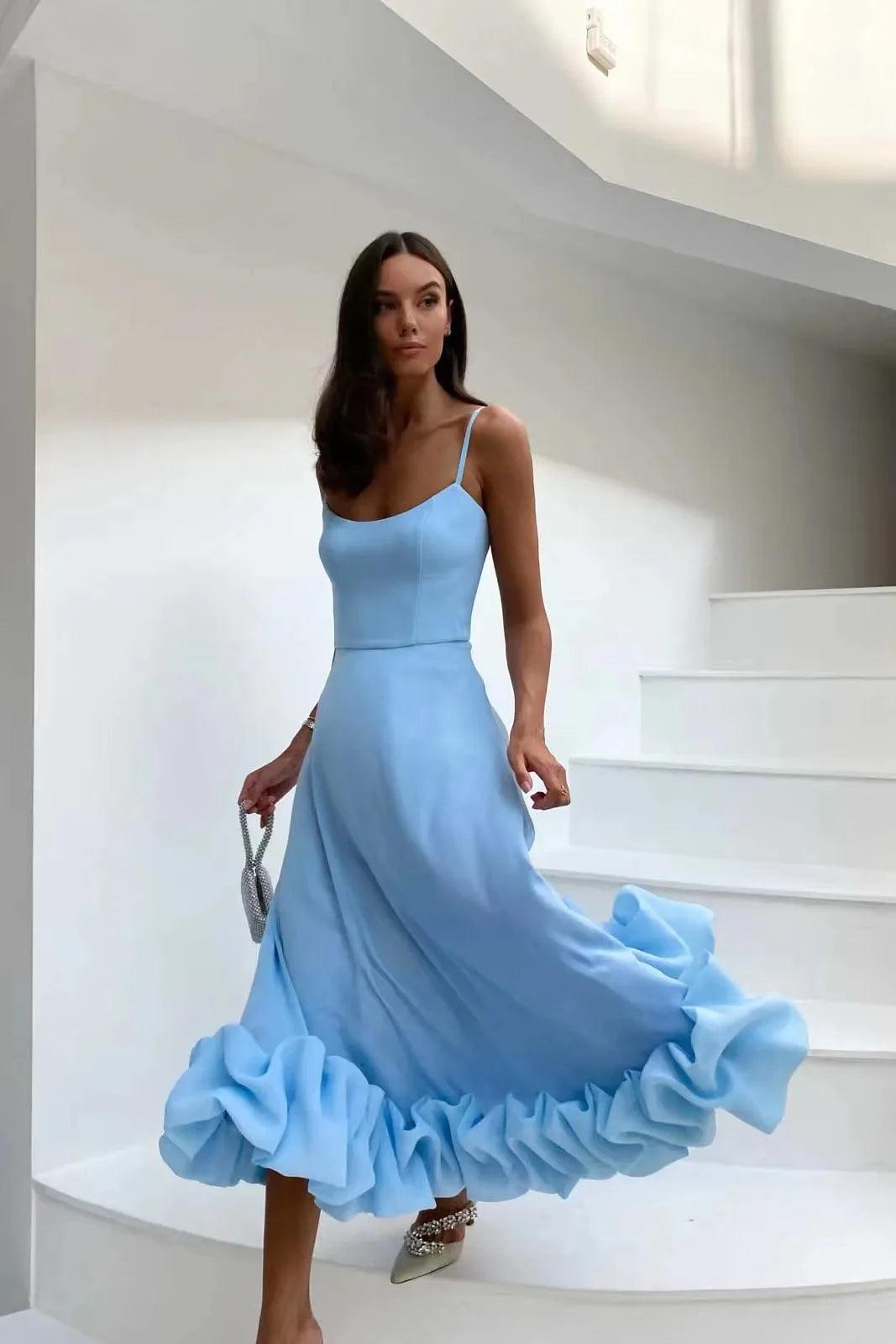 Elegant Ruffle Solid Sling Long Dress Women Strap Waist Party Dressed Fashion Sleeveless Backless Beach Swing skirt A-line Dresses - Lizard Vigilante