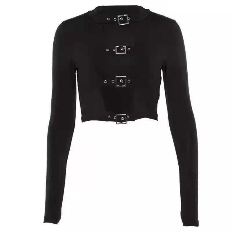 Tide Fashion Short Style Black Long Sleeve Hollow Out Metal Buckle Women's Ladies Clothing Summer T-Shirt Tops - Premium t-shirt from Lizard Vigilante - Just $29.99! Shop now at Lizard Vigilante