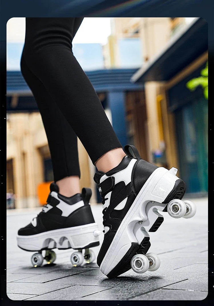 Riot Glide Pop-Up High Tops — 4-Wheel Dual-Purpose Roller Sneaker Boots (Automatic Deploy Wheels)