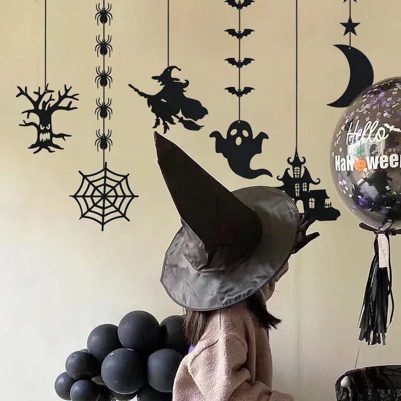 1set Halloween Decoration Banner Bunting Scary Spider Ghost Bat Hanging Garland Pull Flag Pendant For Halloween Party Home Decor