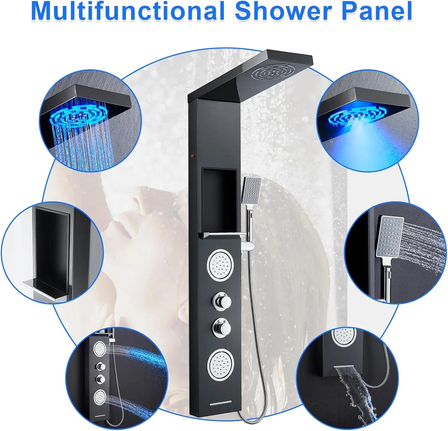 POPFLY LED Shower Panel with Shelf – Black 304 Stainless Steel, Multi-function Mist & Rainfall Shower System with Body Jets and Tub Spout - Premium shower panel from Lizard Vigilante - Just $146.99! Shop now at Lizard Vigilante