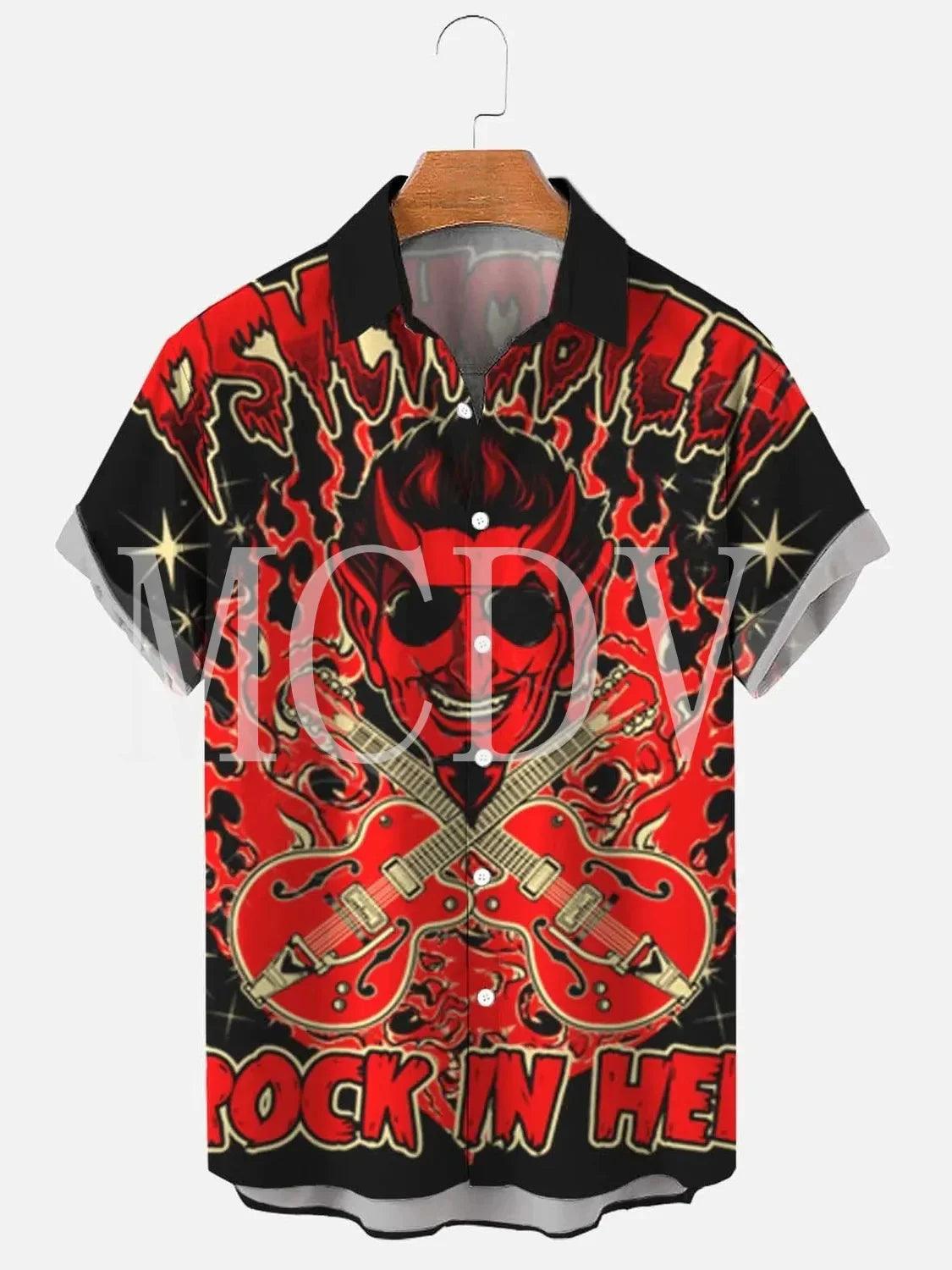 Men's Rockabilly Vintage Rocker Rock N Roll Print Casual Breathable Short Sleeve Hawaiian Shirt - Lizard Vigilante