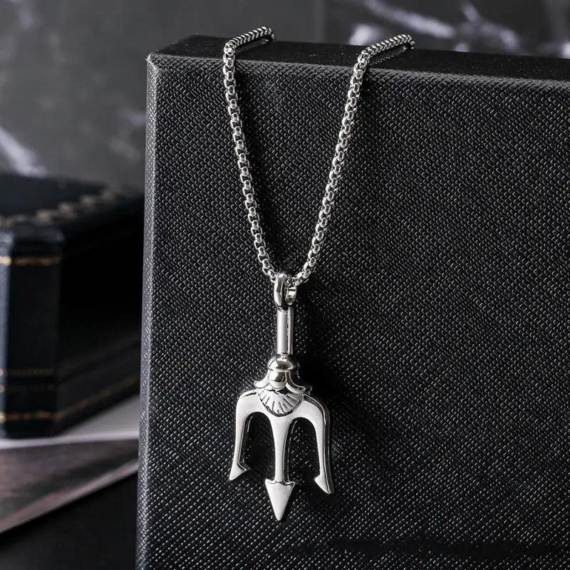 Fashionable Neptune Poseidon Trident Metal Pendant Necklace Men's Biker Gothic Rock Motorcycle Fashion Jewelry Gift - Lizard Vigilante