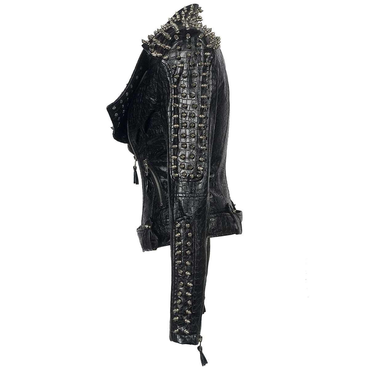 2024 Steampunk Rock Rivet Women's Leather Jacket Slim Short Streetwear Gothic Embroidery PU Leather Locomotive Coat Femme - Lizard Vigilante