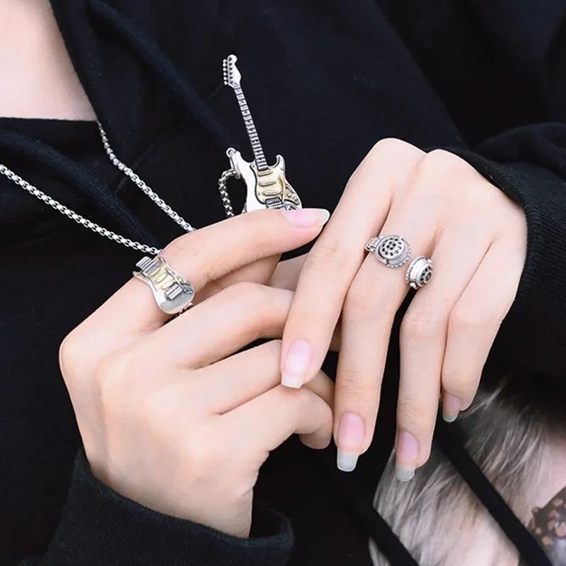 Retro Hip Hop Rock Punk Wind Electric Guitar Pendant Necklace for women and men Rings Festival Gifts Couples Jewelry Accessories - Lizard Vigilante