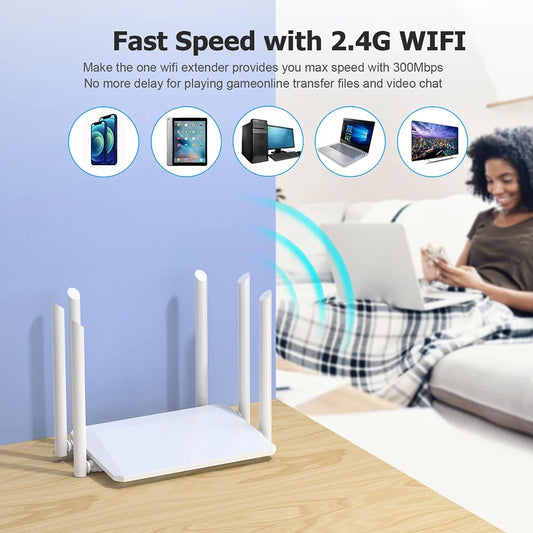 WiFi extender with text about fast speed and 2.4G WiFi, placed on a table with a blurred background of a person using a laptop.