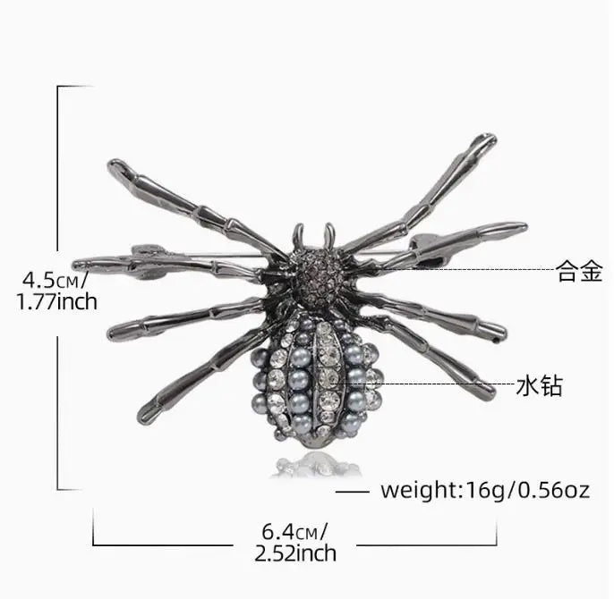 Venom Stage Spider Brooch – Giant Crystal Punk Insect Pin with Pearl Shockwave