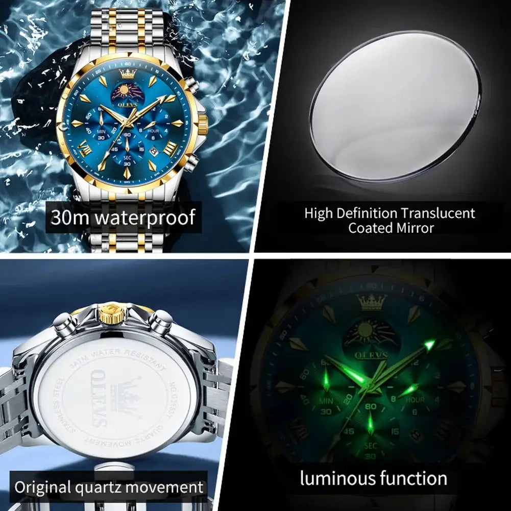 OLEVS 3653 Men Watch Luxury Brand Quartz Watch Multi functional Automatic Date Timer Watch Waterproof Luminous Moonphase Watch