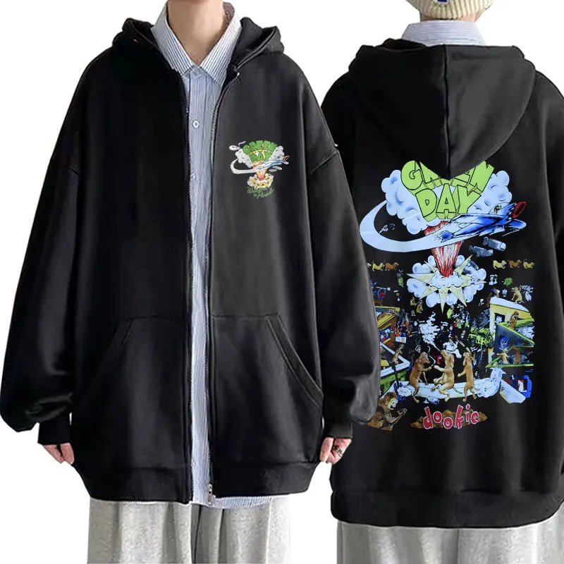 Green Day Dookie Zipper Hoodie – Vintage Rock Zip-Up Jacket for Men | Gothic Hip Hop Streetwear Hoodie - Premium hoodie from Lizard Vigilante - Just $52.88! Shop now at Lizard Vigilante