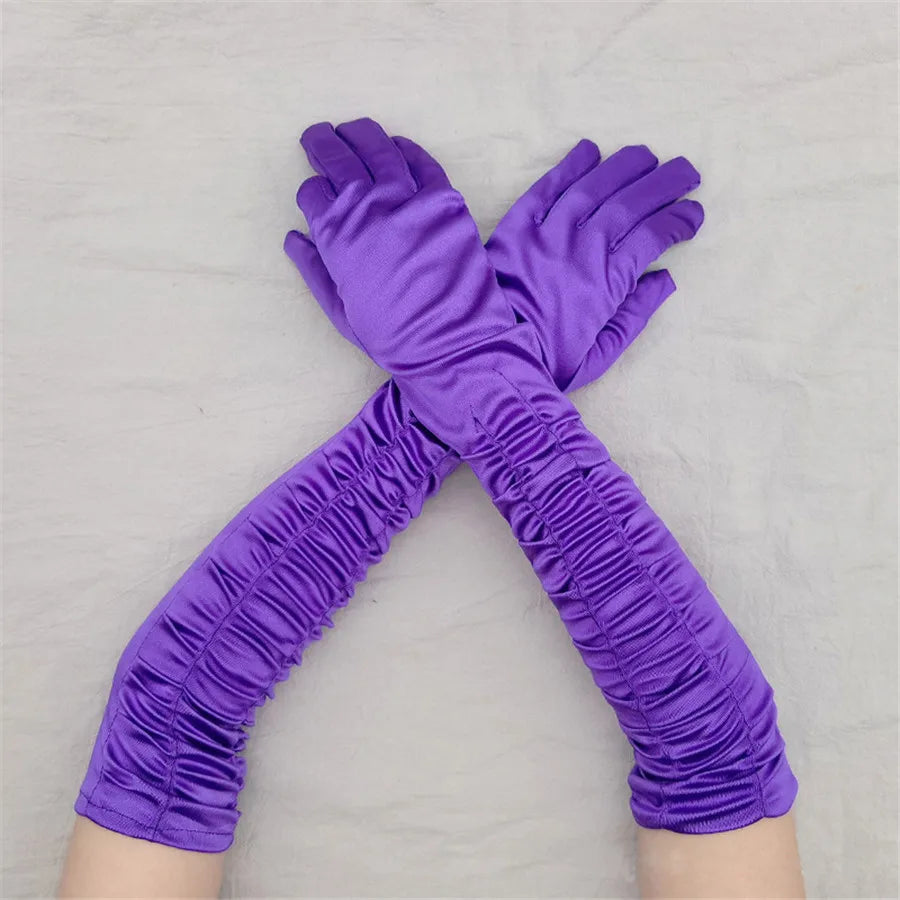 Women’s Long Solid Satin Folds Gloves – Retro Style Dance & Opera Performance Accessories - Premium  from Lizard Vigilante - Just $22.88! Shop now at Lizard Vigilante