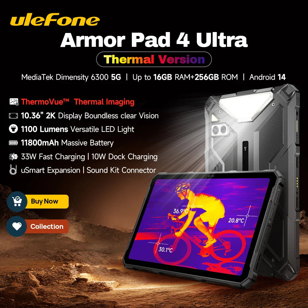 Ulefone Armor Pad 4 Ultra 5G Rugged Tablet  Thermal lmaging 10.36"2K Up to 16GB RAM 256GB ROM Android 14 11800mAh