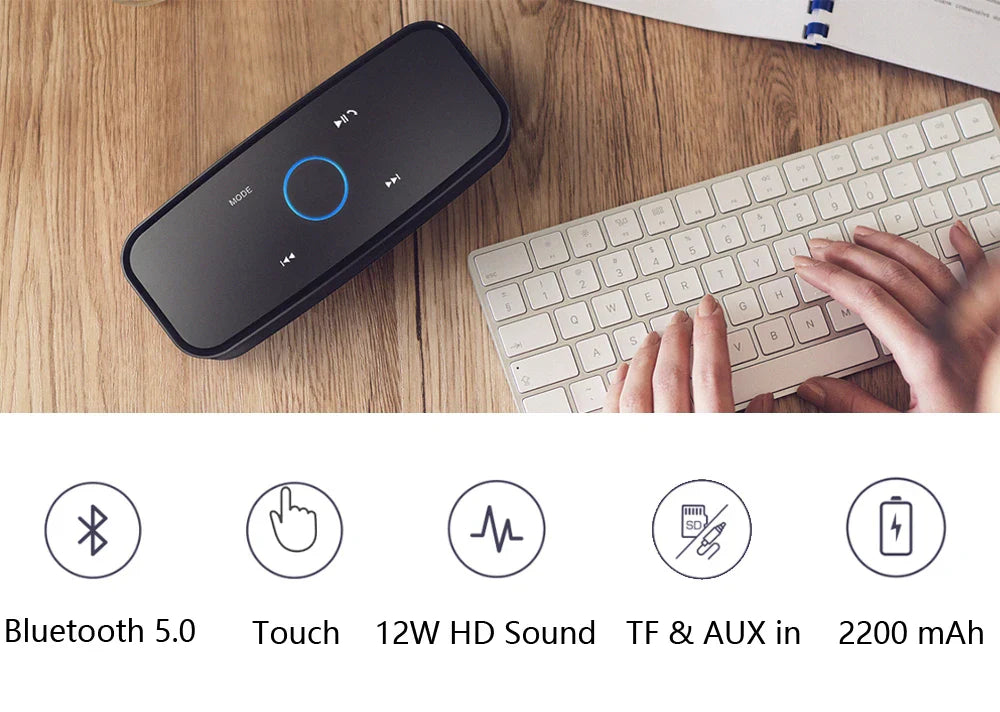DOSS Wireless Bluetooth Speaker SoundBox BT 5.0 Touch Control Portable Music Sound Box 12W Stereo Sound IPX5 Waterproof Speakers