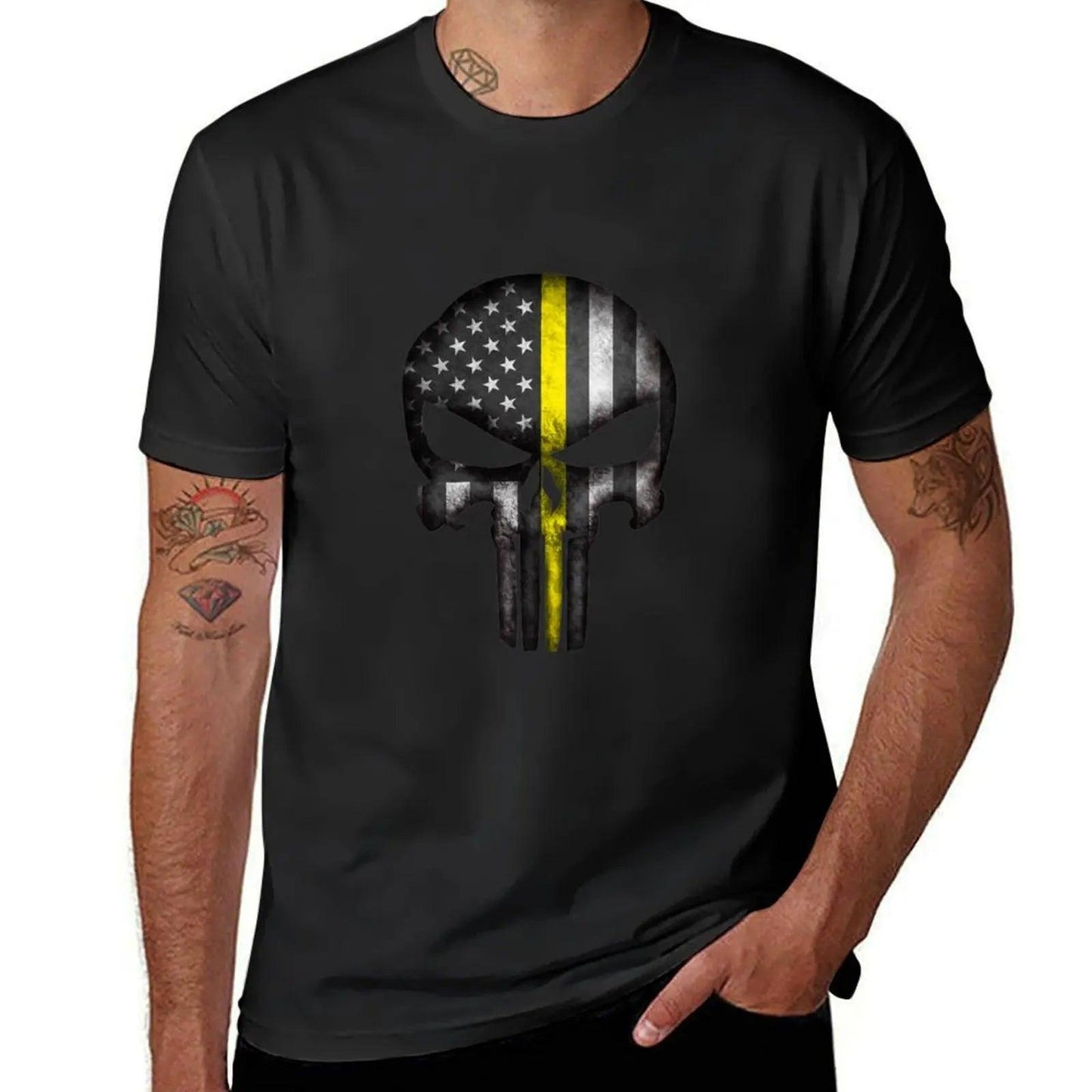 Thin Yellow Line Skull T-Shirt Summer Top Aesthetic Clothing Mens Graphic T-Shirts Pack - Lizard Vigilante