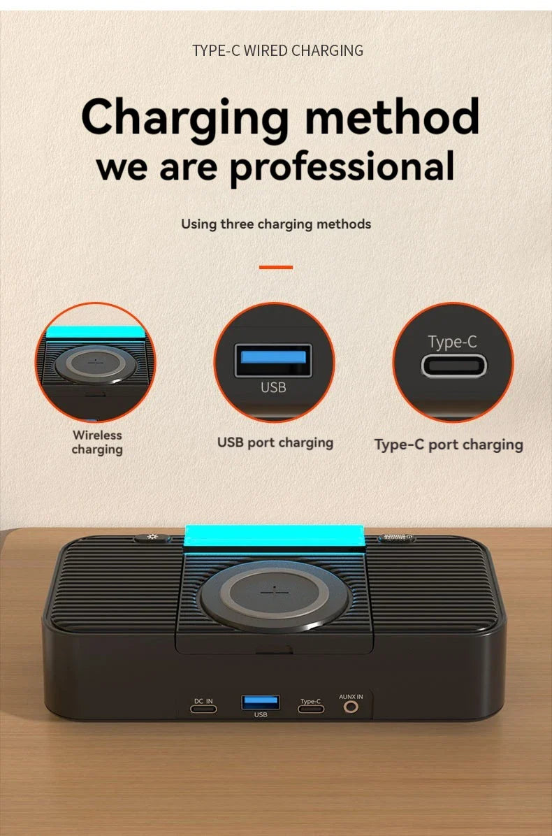 Portable Bluetooth Speaker with Wireless Charging Atmosphere Light Clock Alarm Function Double Speaker USB Charging