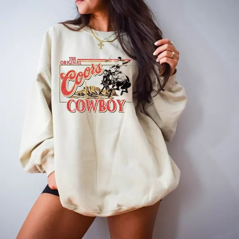 Autumn Vintage Style Cowboy Printing Crewneck Bodycon Sweatshirt Unisex Loose Cotton Thick Warm Women Pullovers Casual Western Tops - Premium tops from Lizard Vigilante - Just $47.99! Shop now at Lizard Vigilante