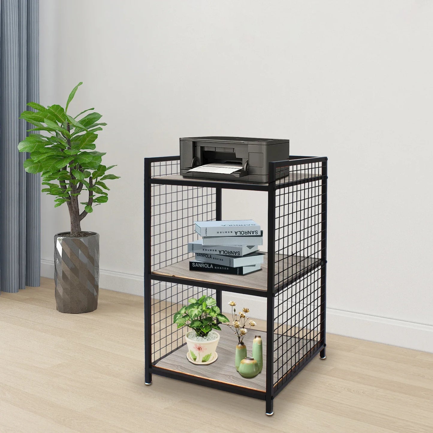3-Tier Printer Stand Solid Wood & Iron, 44lbs Capacity, Space-Saving Design, Ideal for Office & Home Storage, Durable & Stylish