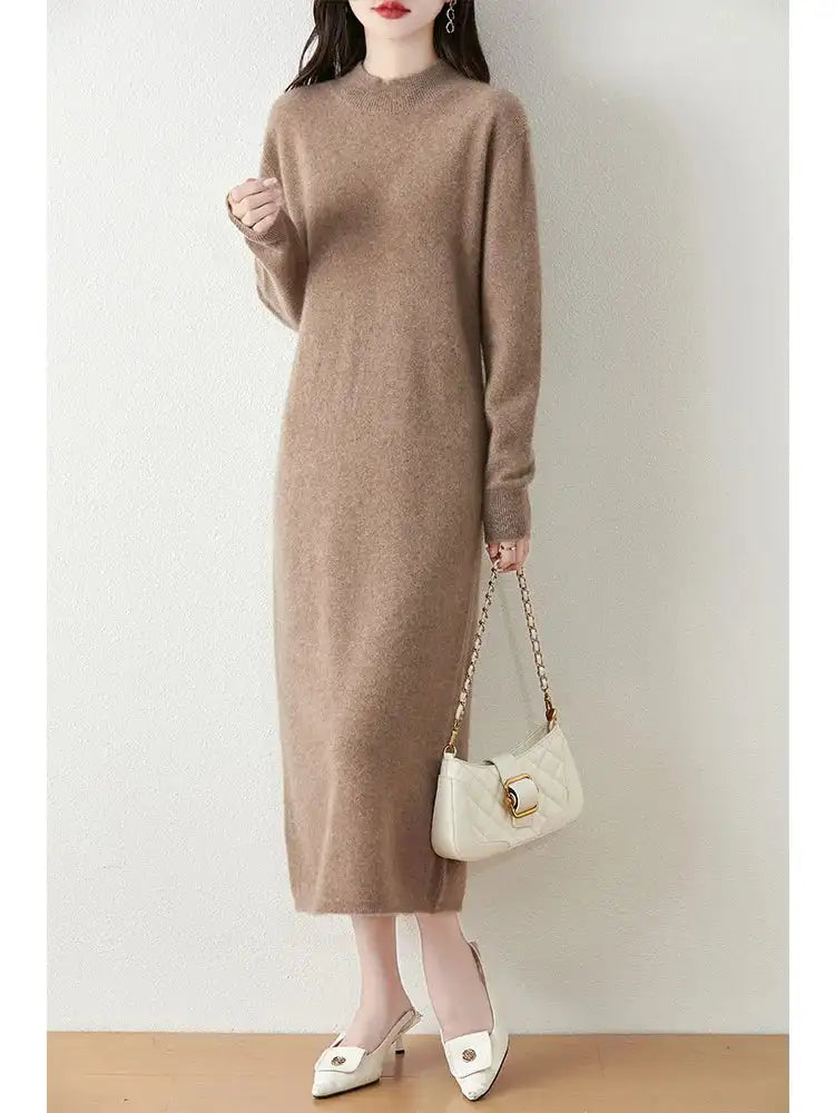 Autumn Winter Women's Wool Long Dress Cashmere Mock Neck Pullover Sweater 100% Merino Wool Soft Knitwear OL Simple Basic Dress