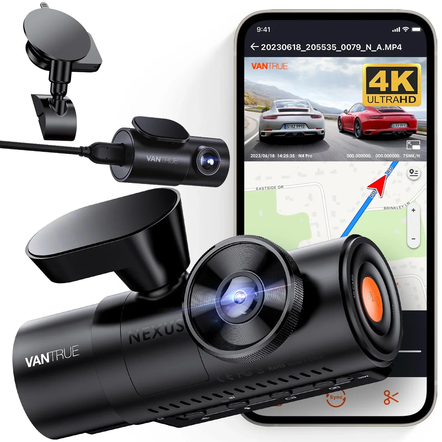 Vantrue N4Pro Dashcam 4K Wi-Fi 3-Channel Dashcam Voice Control IMX678 Night Vision HDR GPS Cam 24h Packing Mode Camera for Car