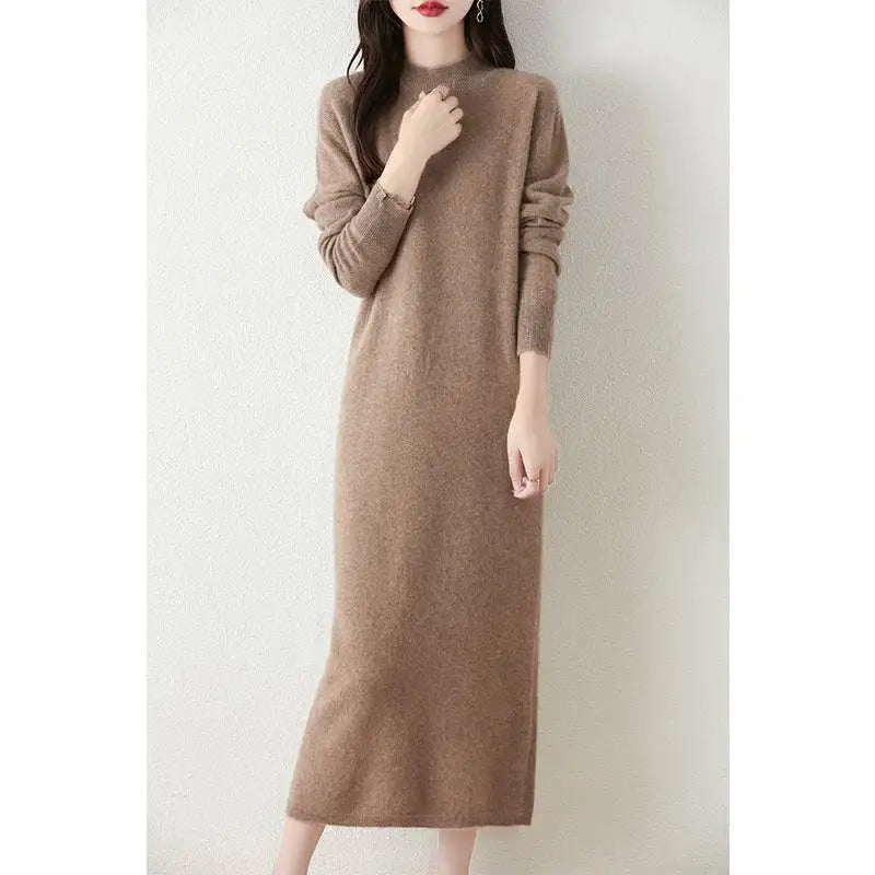 Autumn Winter Women's Wool Long Dress Cashmere Mock Neck Pullover Sweater 100% Merino Wool Soft Knitwear OL Simple Basic Dress
