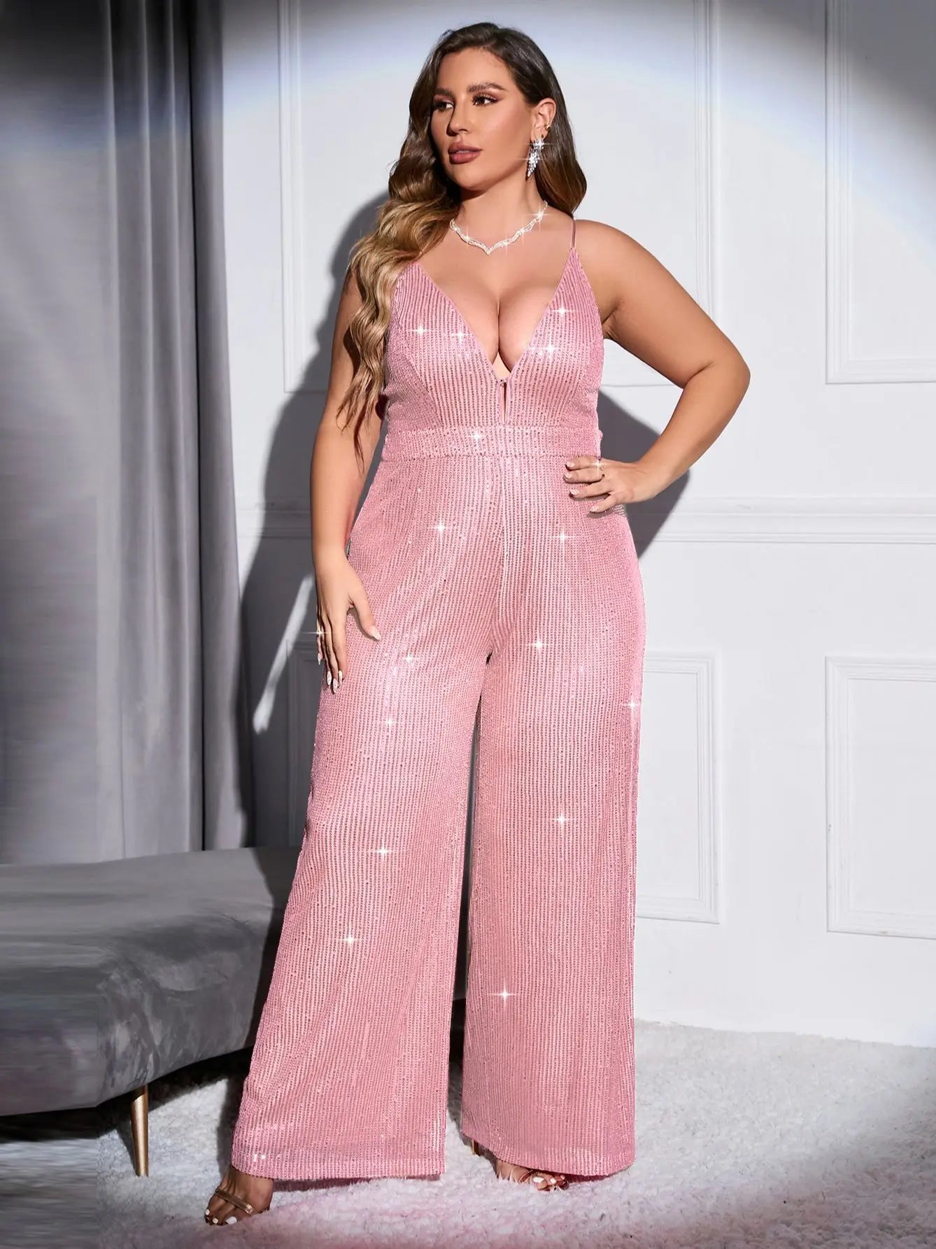 Cinemore 2023 Chic and Elegant Women Jumpsuit Plus Size Sequin Wide Leg trousers Deep V Neck Sexy Cami dresses for Prom Bodysuit - Premium  from Lizard Vigilante - Just $61.99! Shop now at Lizard Vigilante