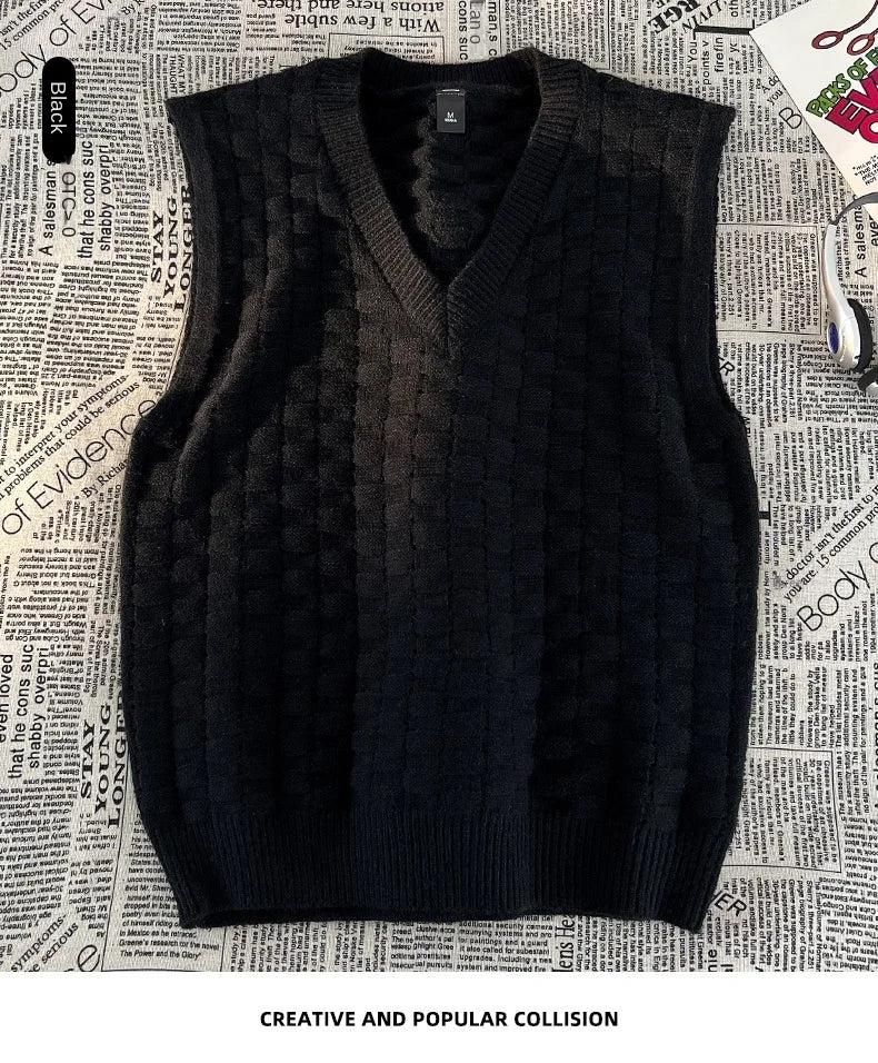 “GRUNGEWEAVE 666” Vintage Knit Vest – Jacquard Check Pattern Sleeveless V-Neck Armor for Off-Stage Legends & Louder Lives - Premium vest from dsers - Just $47.99! Shop now at Lizard Vigilante