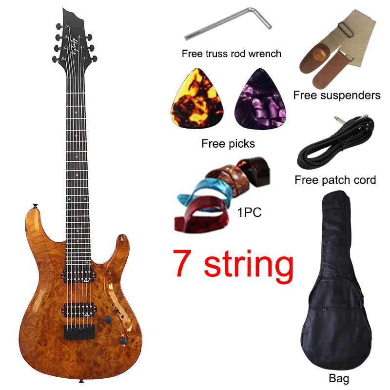 V-Glorify High Grade 7 Strings Electric Guitar Tree Burl Skin Natural Color Solid Okoume Body - Premium guitar from Lizard Vigilante - Just $344.88! Shop now at Lizard Vigilante