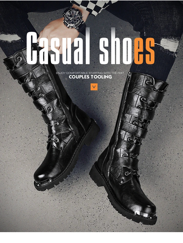 DEADFUEL BLACKOUT: Men’s Mid-Calf Leather Motorcycle Boots with Zip Buckle – Streetwear Punk Cowboy Tool Boots for Winter Chaos - Premium boots from dsers - Just $135.99! Shop now at Lizard Vigilante