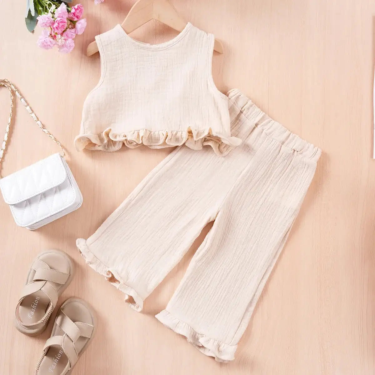 Summer Kids Cotton Casual 2pcs Toddler Girls Solid Color Sleeveless Top + Ruffle Pants Set Comfortable Fashion Hot Sale