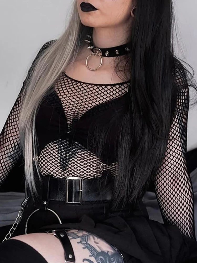 Goth Dark Fishnet Cut Out Women Sexy Halter T-shirts Mall Gothic Grunge Black Bandage Crop Tops Punk Open Shoulder Alt Clothing - Premium Crop Top from Lizard Vigilante - Just $27.99! Shop now at Lizard Vigilante