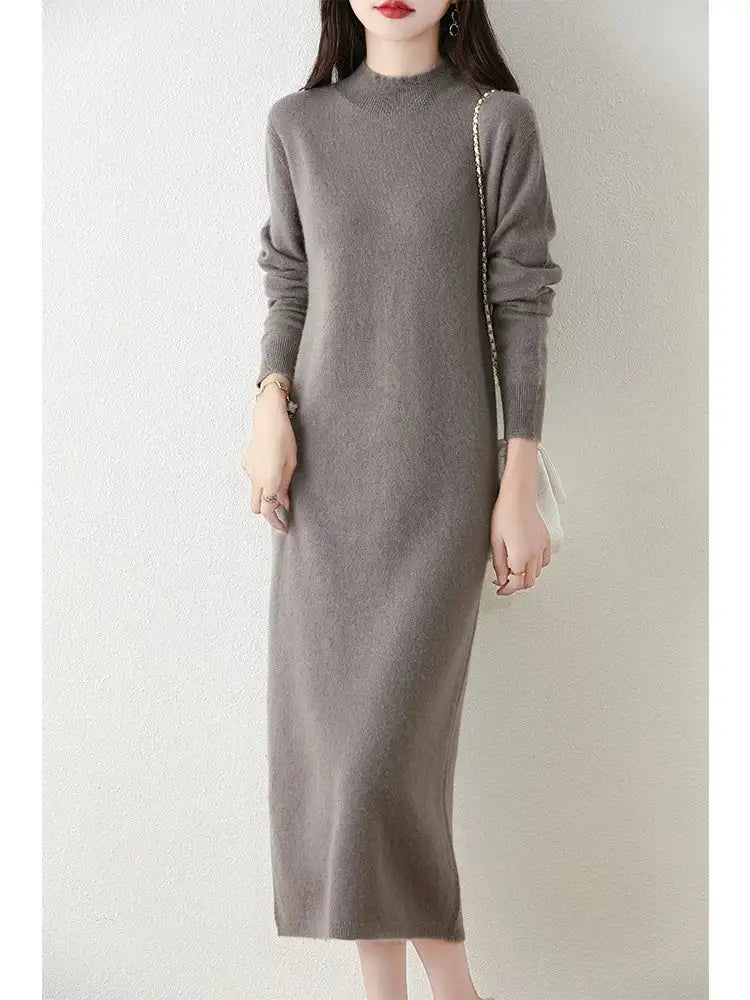 Autumn Winter Women's Wool Long Dress Cashmere Mock Neck Pullover Sweater 100% Merino Wool Soft Knitwear OL Simple Basic Dress