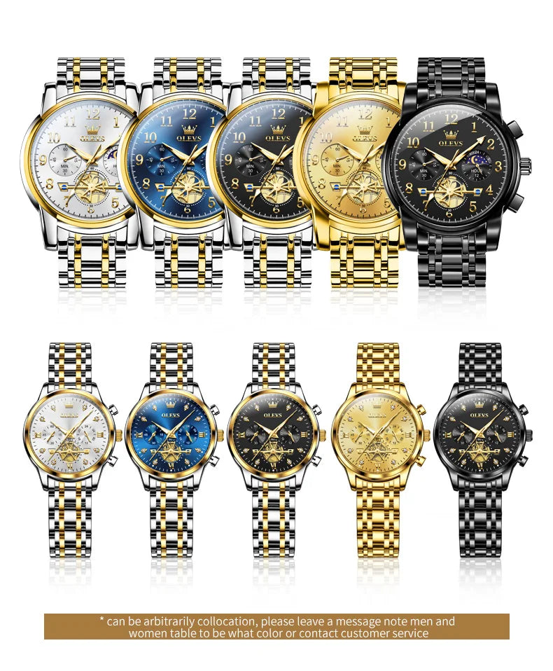 OLEVS New Flywheel Design Luxury Couple Watch Waterproof Moon Phase Chronograph Brand Original Quartz Wrist Watch for Men Women - Premium  from Lizard Vigilante - Just $50.99! Shop now at Lizard Vigilante